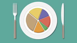 Colorful business chart pie on plate with fork and knife. Business lunch.